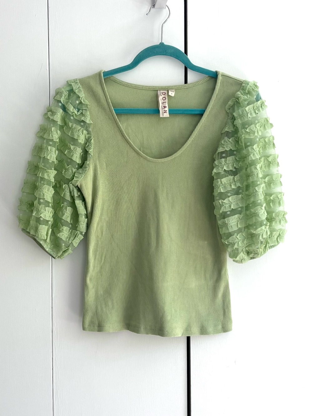 Anthropologie Dolan Left Coast Collection Green Puff-Sleeve Top Size Medium